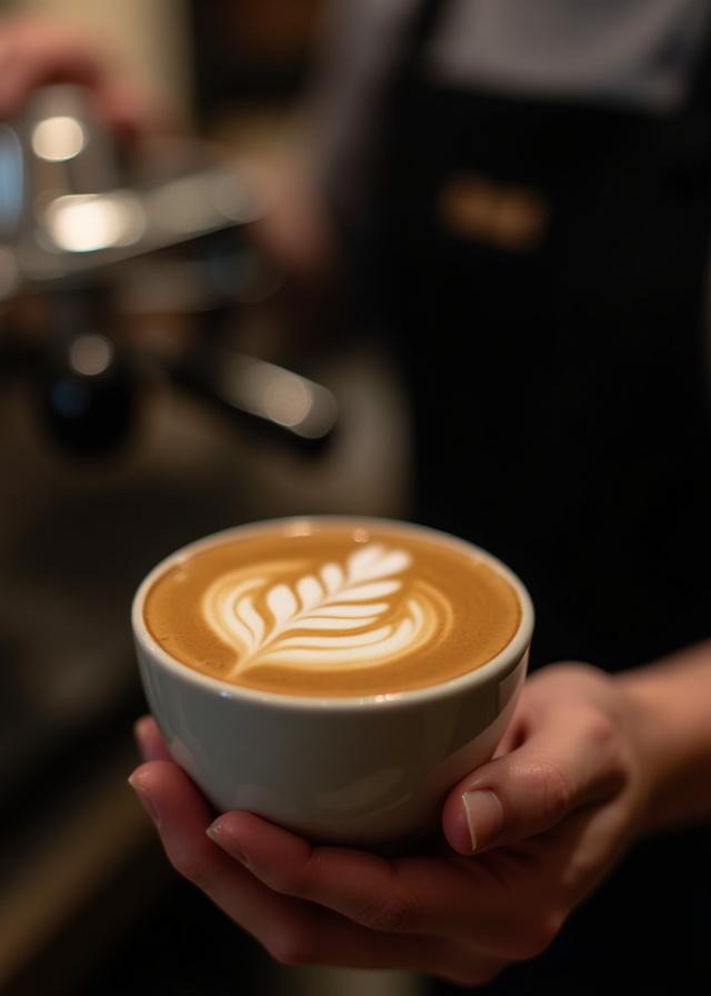 Barista esperto che crea latte art su un cappuccino con precisione e arte